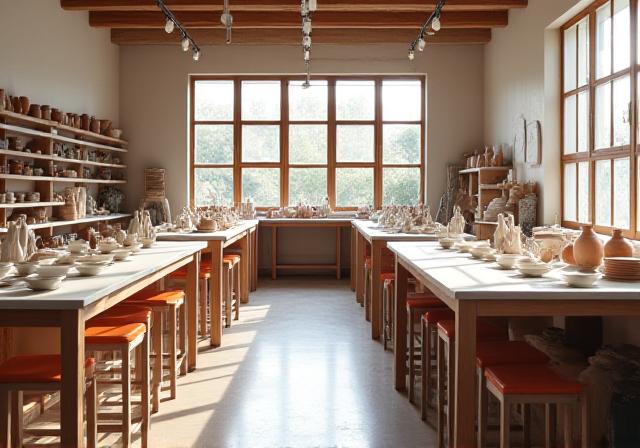 A clean, sunlight-filled ceramics studio with organized tools and kilns