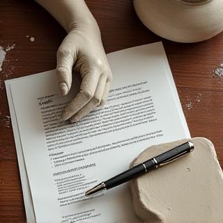 Close up of potter's hands working with clay while reviewing a document on a desk